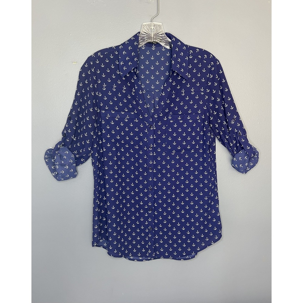 Express Shirt Womens S Blue Anchor Print Button Up Nautical Coastal Roll Tab Top